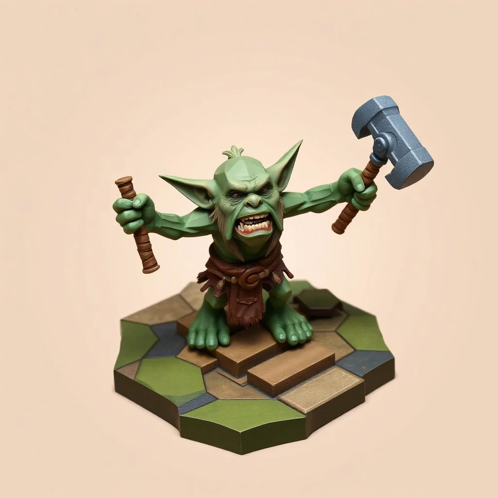 low poly, goblin troll miniature model half painted arms outstretched holding battle hammer offering gift, on hexagon map with stairs