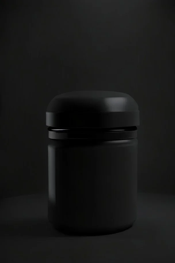 black container, plastic, realism, with screw lid, no labels, round container, view from the front, protein powder, dark studio setting, black background, body of the container is wider thand the top part