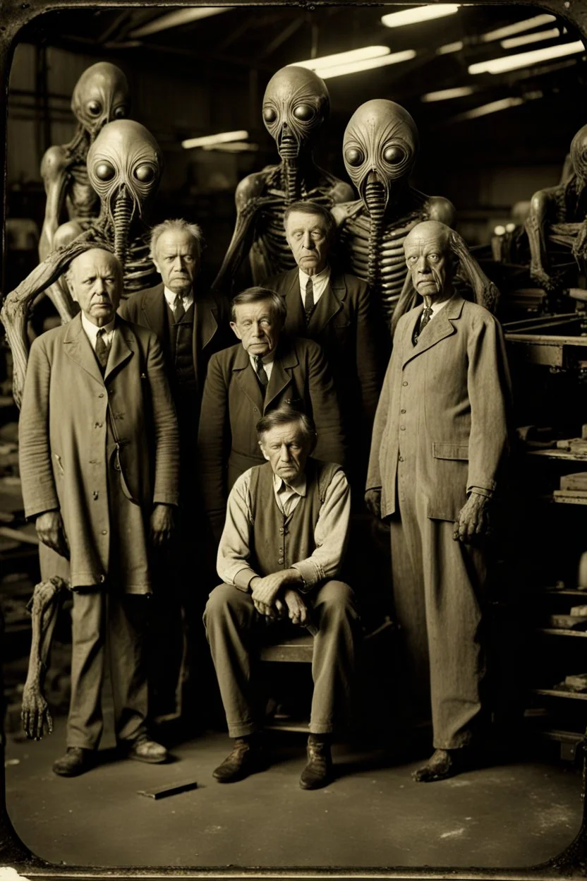 1900's black and white vintage photo, interior, working (alien) organ manufacturing factory warehouse, unhappy and angry,stange long grey alien human hybrid creature with a family that is super sad, captured on square format film, grainy brown, aged, old men depressed, tired