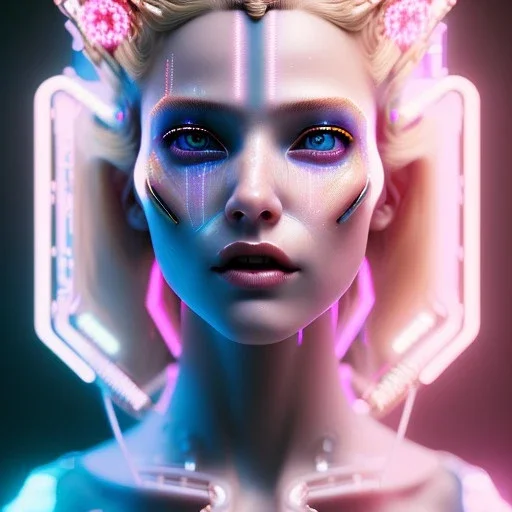 cyberpunk, head, women, portrai, tron sketch of a girl on lined paperA beautiful one nude body of a make up smiling woman blond long hair, alone, high key lighting, volumetric light high details with white stripes and blue eye, smiling with plump pink lips, flowers around, unreal engine petit prince belle fine, profil de trois quart, grand front cosmique, peau bleu cristalline, yeux bleu, perle sur le front long cheveux blond et rose etoilé, cristaux sur le corps, collier de grande princesse, l