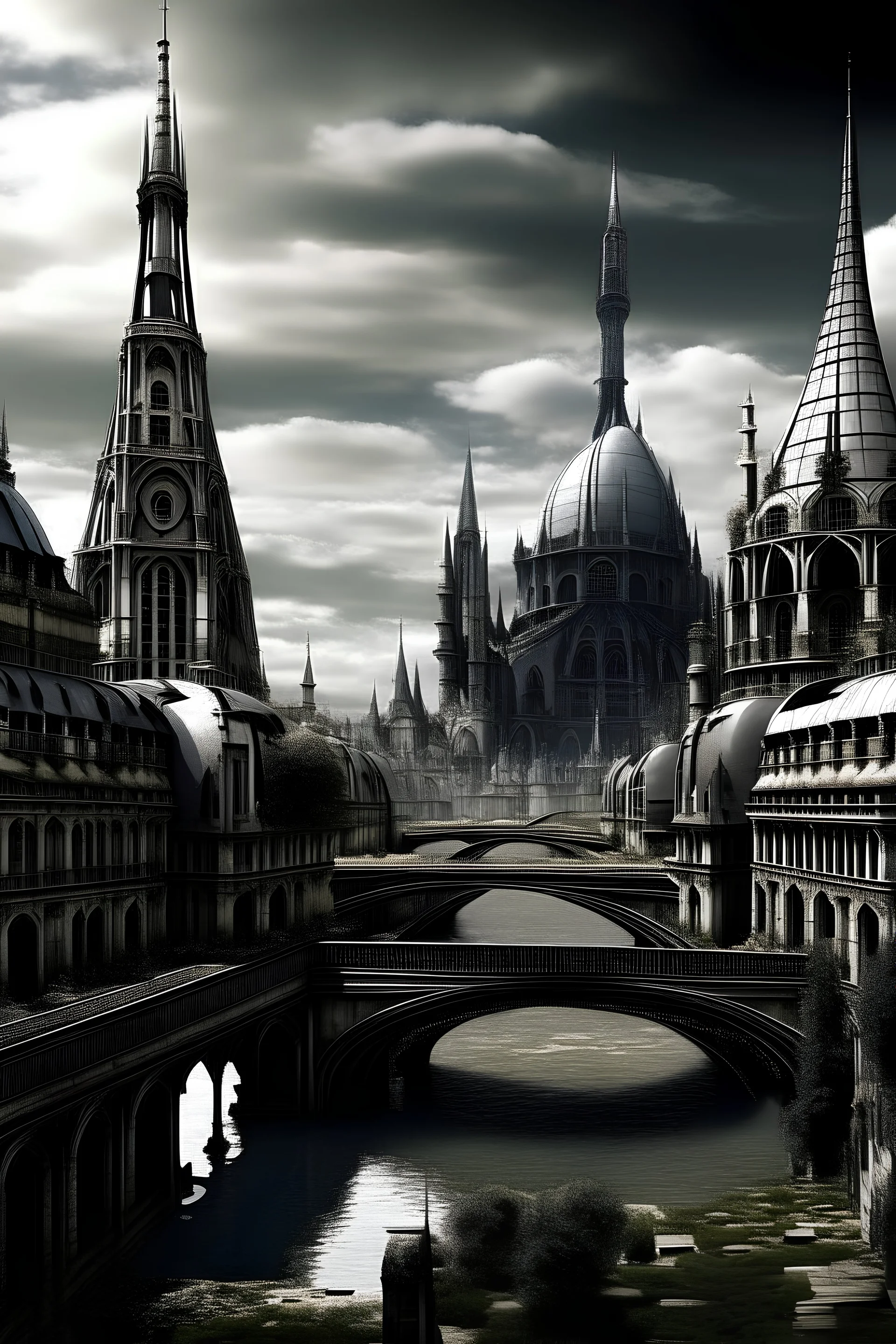 view of a futuristic Paris in a gothic way