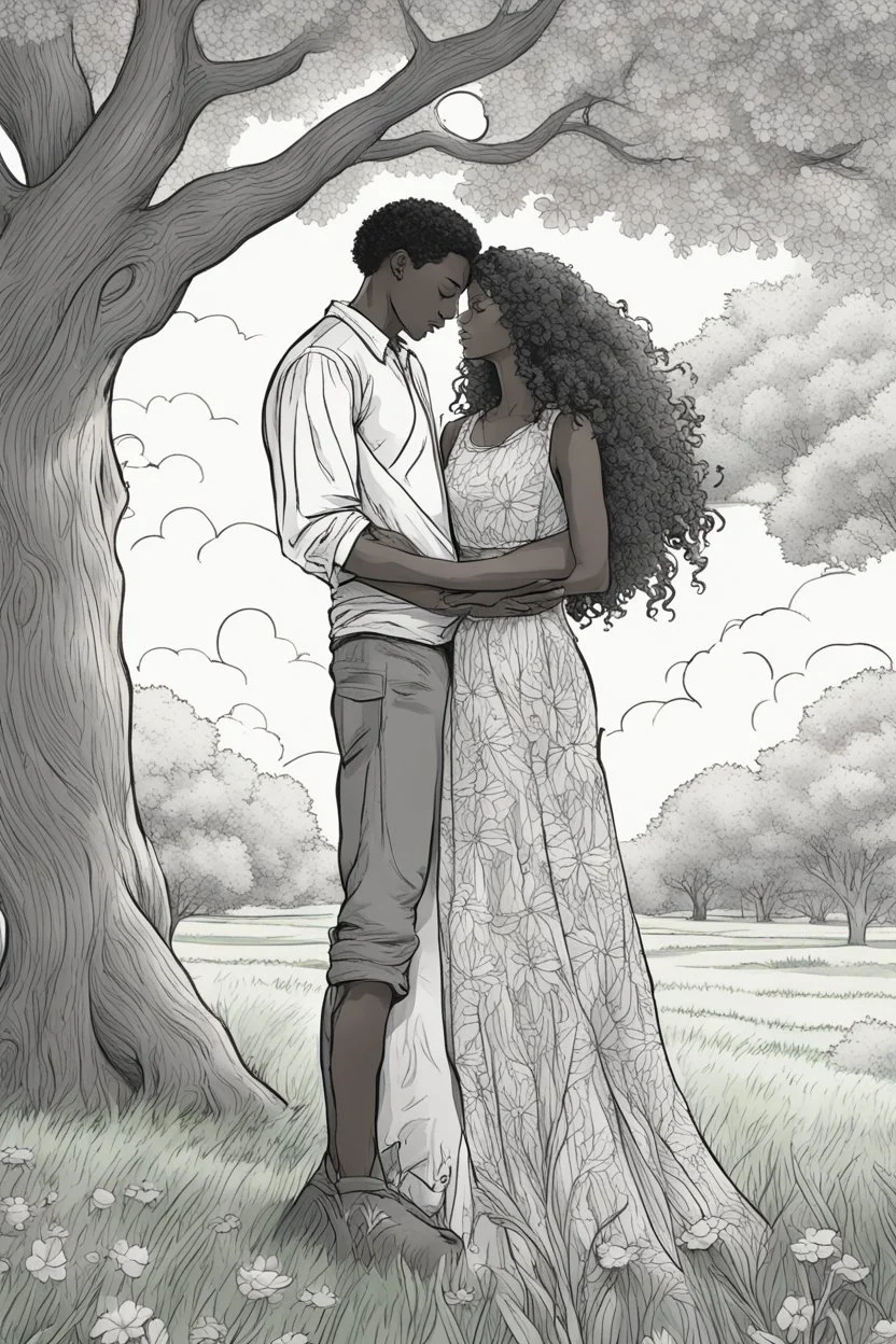 create a coloring page An illustration of a young heterosexual black couple standing under the shade of a towering oak tree, eyes closed and foreheads pressed together affectionately. The woman has long, curly hair that blows lightly in the breeze. She wears a floral sundress and holds her partner's hands tenderly. The background shows a sunny park with green grass, wildflowers, trees, and a pond. No shading, no color, No gray, clean lines and white back ground