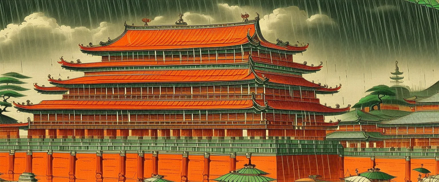 An orange colored coliseum in a thunderstorm painted by Utagawa Hiroshige