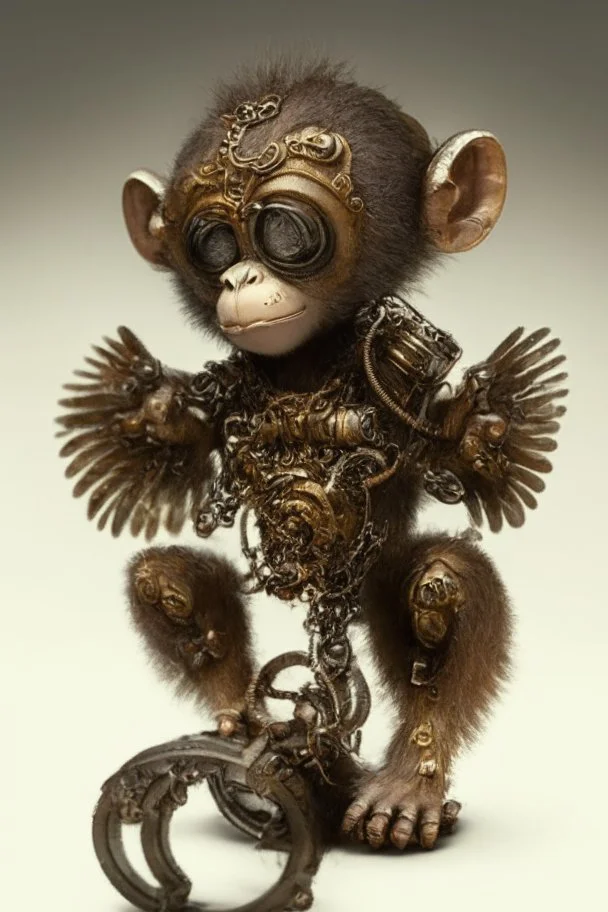 small cute steampunk mechanical monkey, made of metal with mechanical wings, cute hands and feet