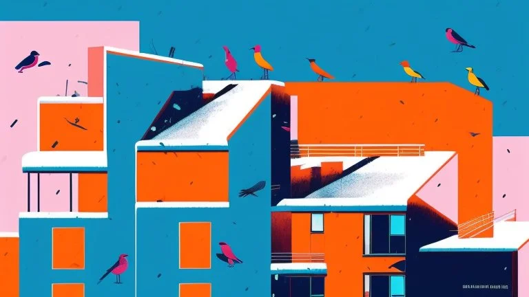 snowfall, rooftops, birds, a tiger, bauhaus functionalism, cyberpunk, neon accents, geometric shapes, clean lines, minimalism, balanced composition, modernist aesthetic, primary colors, bold contrasts, structured design, abstract forms, symmetrical layout, functional elegance, modular elements, precise details, illustration,