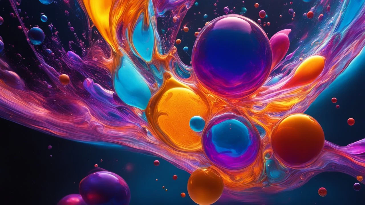 1170. Colourful immiscible liquid globules floating in weightlessness, liquid medium, mixed, distorted, spectacular, strange globular shapes, wild, fantasy, futuristic, artistic, attractive, beautiful lighting, attractive composition, photorealistic, extremely detailed, chiaroscuro