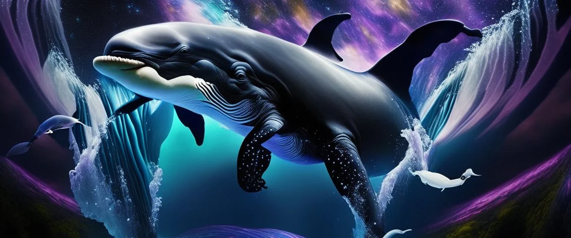 Beautiful create a surrealistic image of both animals together, create an orca and a flying elephant ; in a Black Landscape;Fine Art Photography By David LaChapelle; Aura Electrifying ;