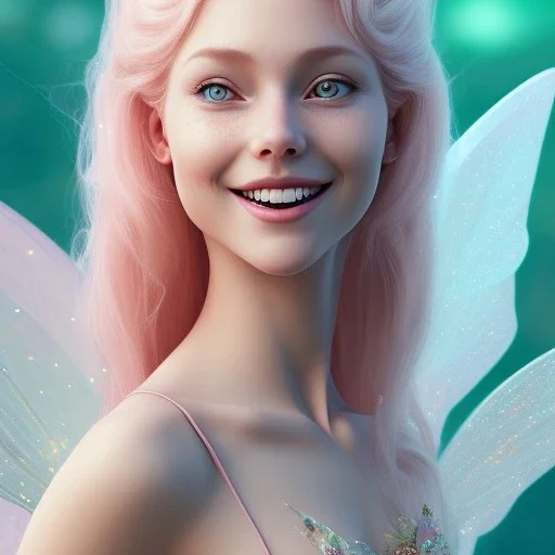 a pink castle, a cheerful fairy in front, big smile, pink, blonde hair, beautiful, whole face, whole top hair head, wide open blue eyes, transparent wings onn the back, hyperrealism, masterpiece, expert, cinematic lighting, sharp focus, 8K, pastel, macro lens, woman, detailed, flower