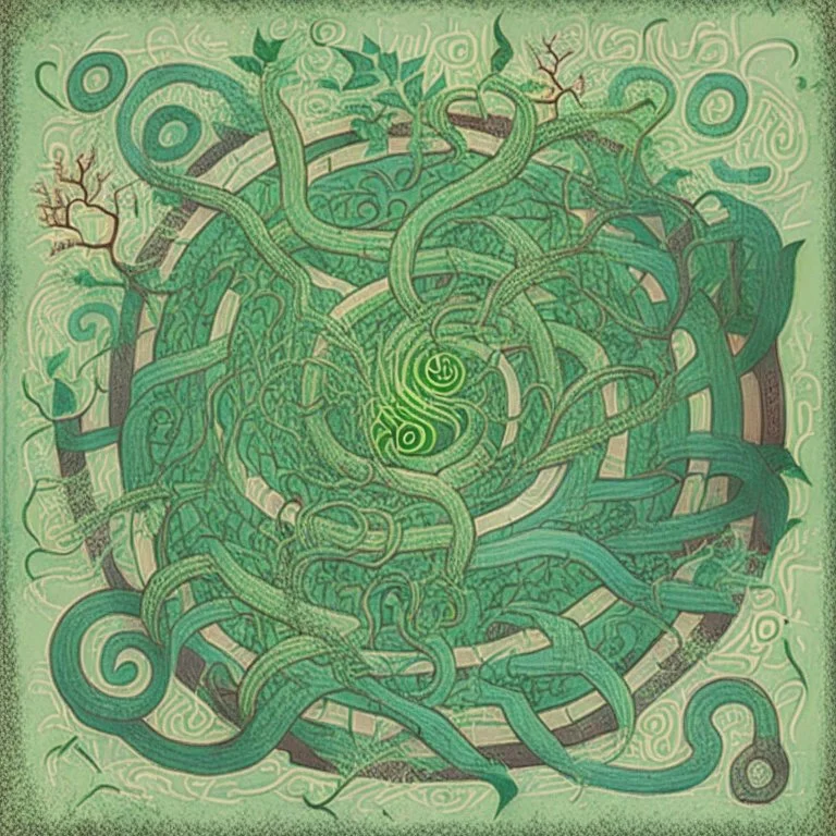 A spiral-shaped labyrinth with intertwined vines and , add elements like weed, postercolour sketch