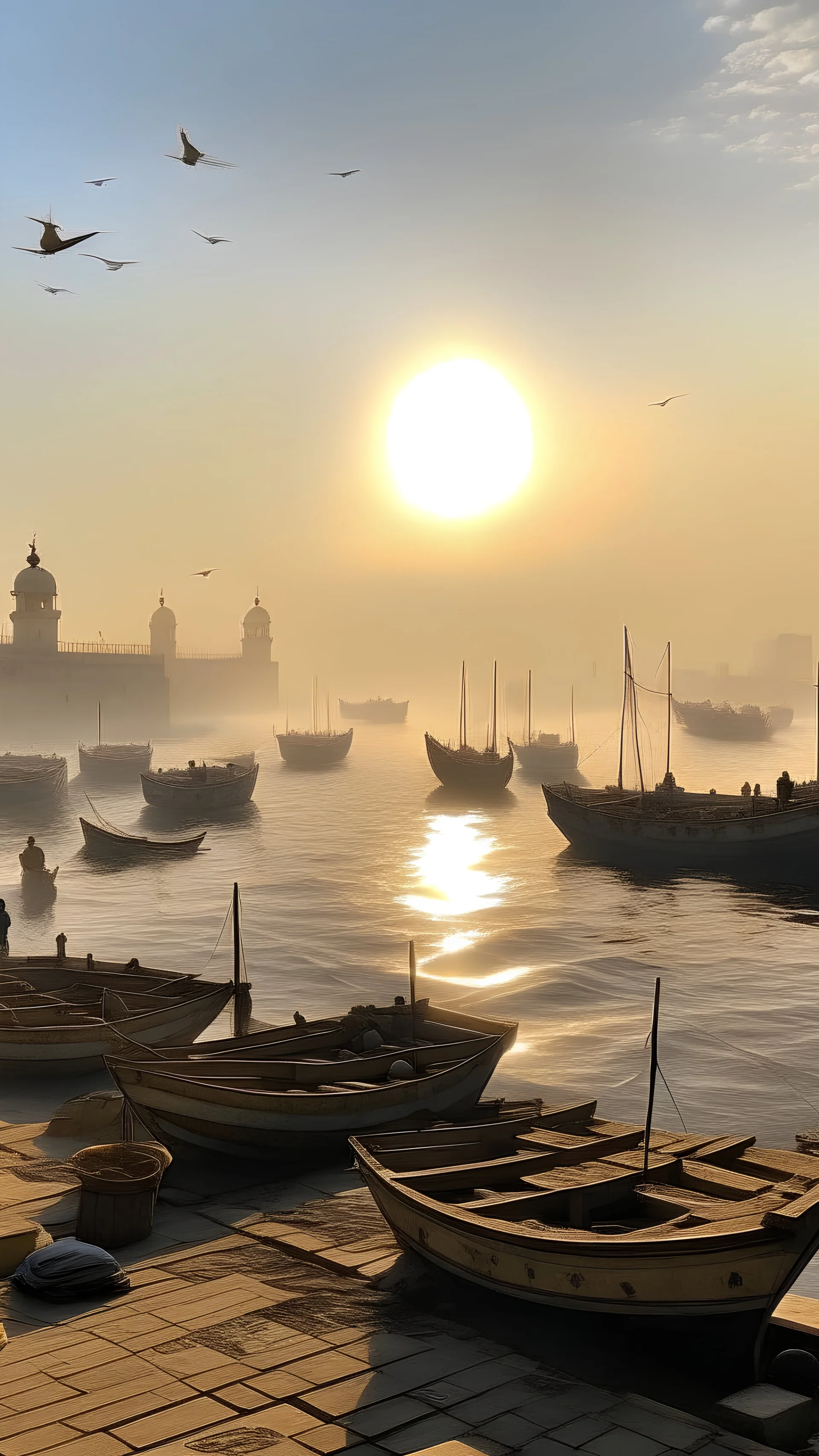 Qaitbay Citadel in Alexandria, fishermen’s boats anchored around it, fishermen putting fishing nets on their boats, fog covering the place, the moment the sun rises