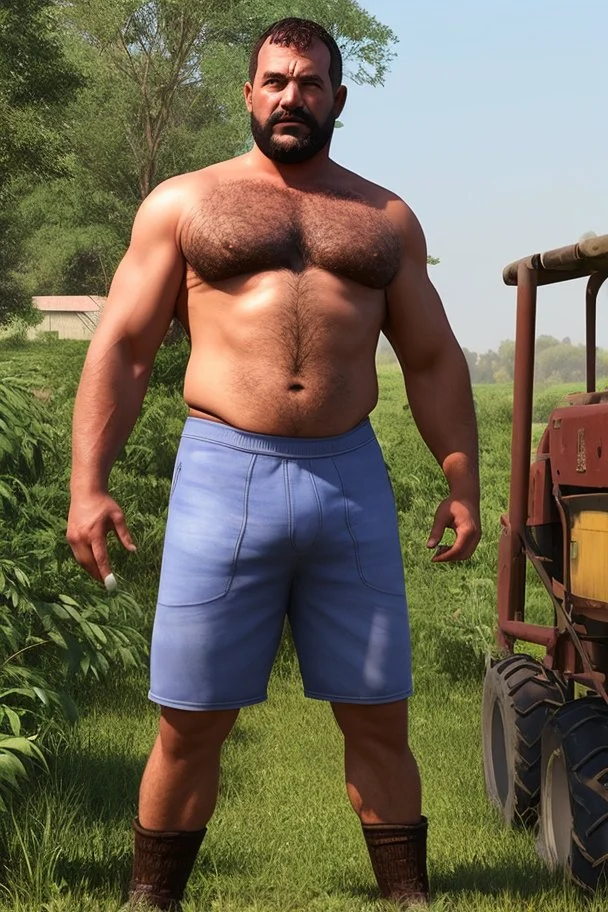 full body of a 50 years old muscular chubby arab farmer shirtless with a very big bulge and hairy under the sun near a tractor hyper-realistic