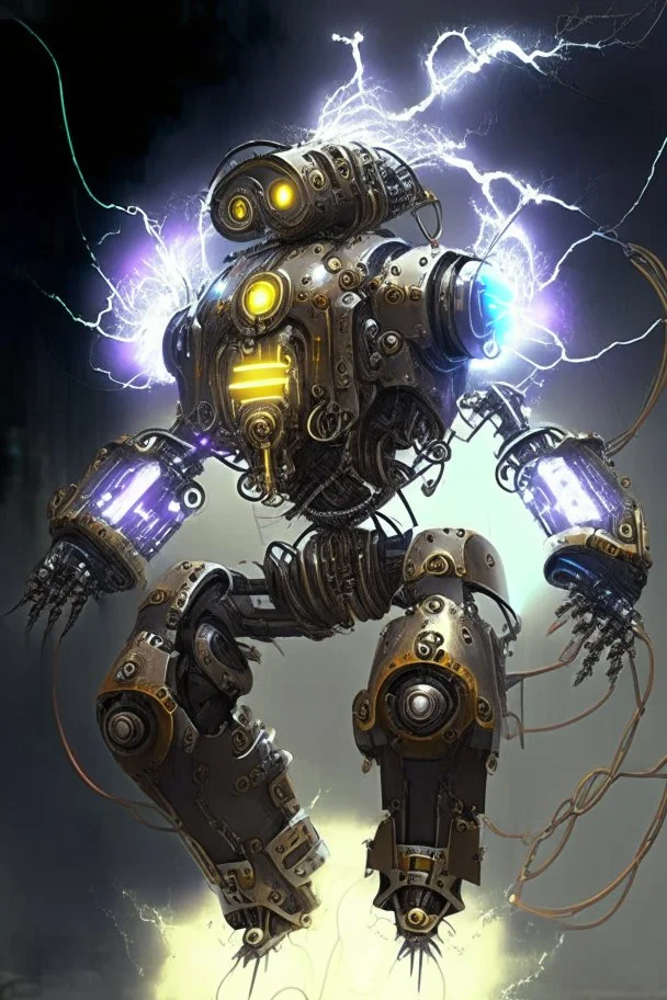 mechanical robot exosuit make electricity lightning coming from it, steampunk