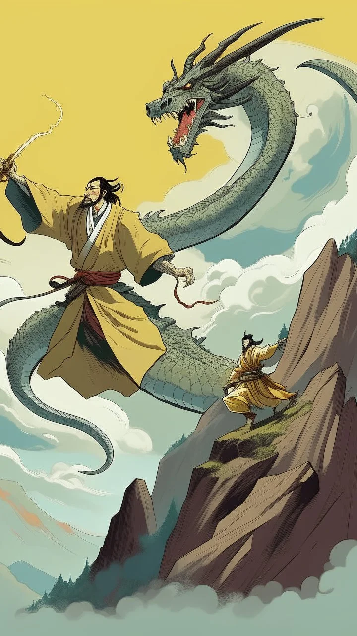 A man climbing a mountain and big dragon attacking him while he is hanging by a robe in one hand and fighting it with a sword on the other hand