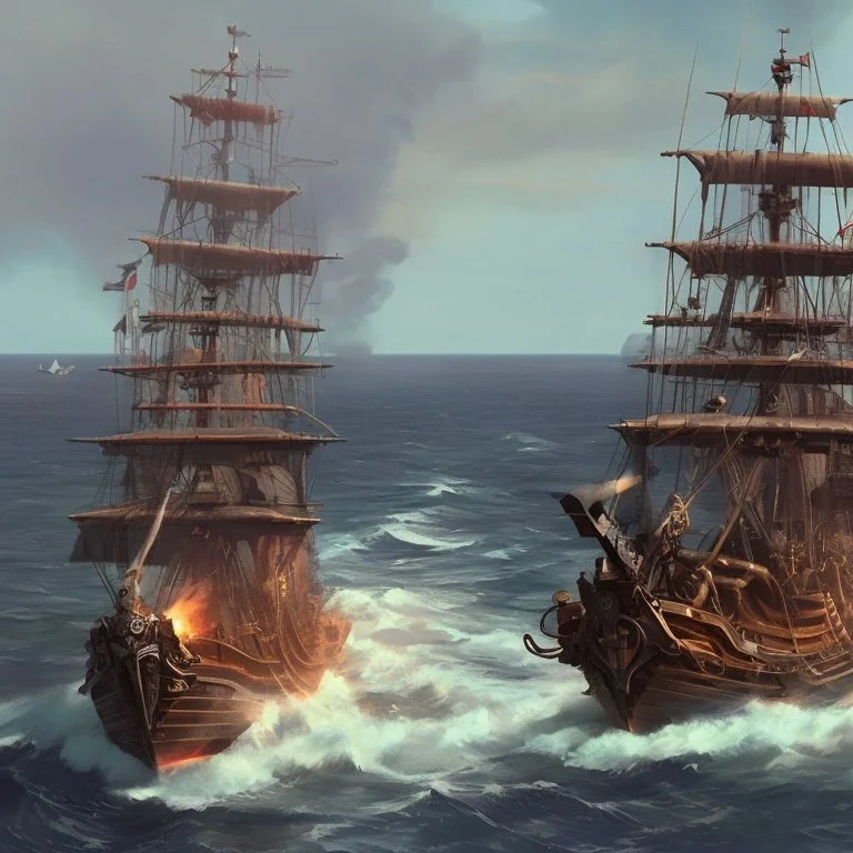 Their pirate ships fight each other at sea. Firing cannons.