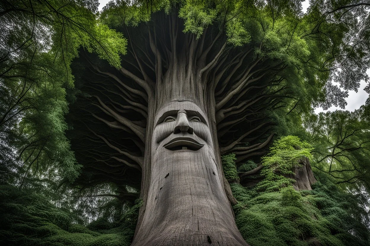 A 200-foot-tall tree with a face. Photograph.