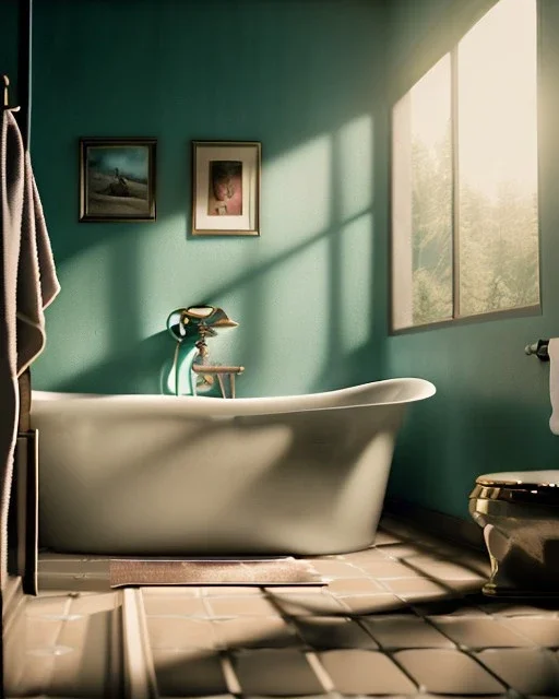 Bathroom scene, big hair monster into bath, Wes Anderson style, realistic photo, realistic image, concept art, smooth, unreal engine 5, god lights, ray tracing, RTX, lumen lighting, ultra detail, volumetric lighting, 3d.