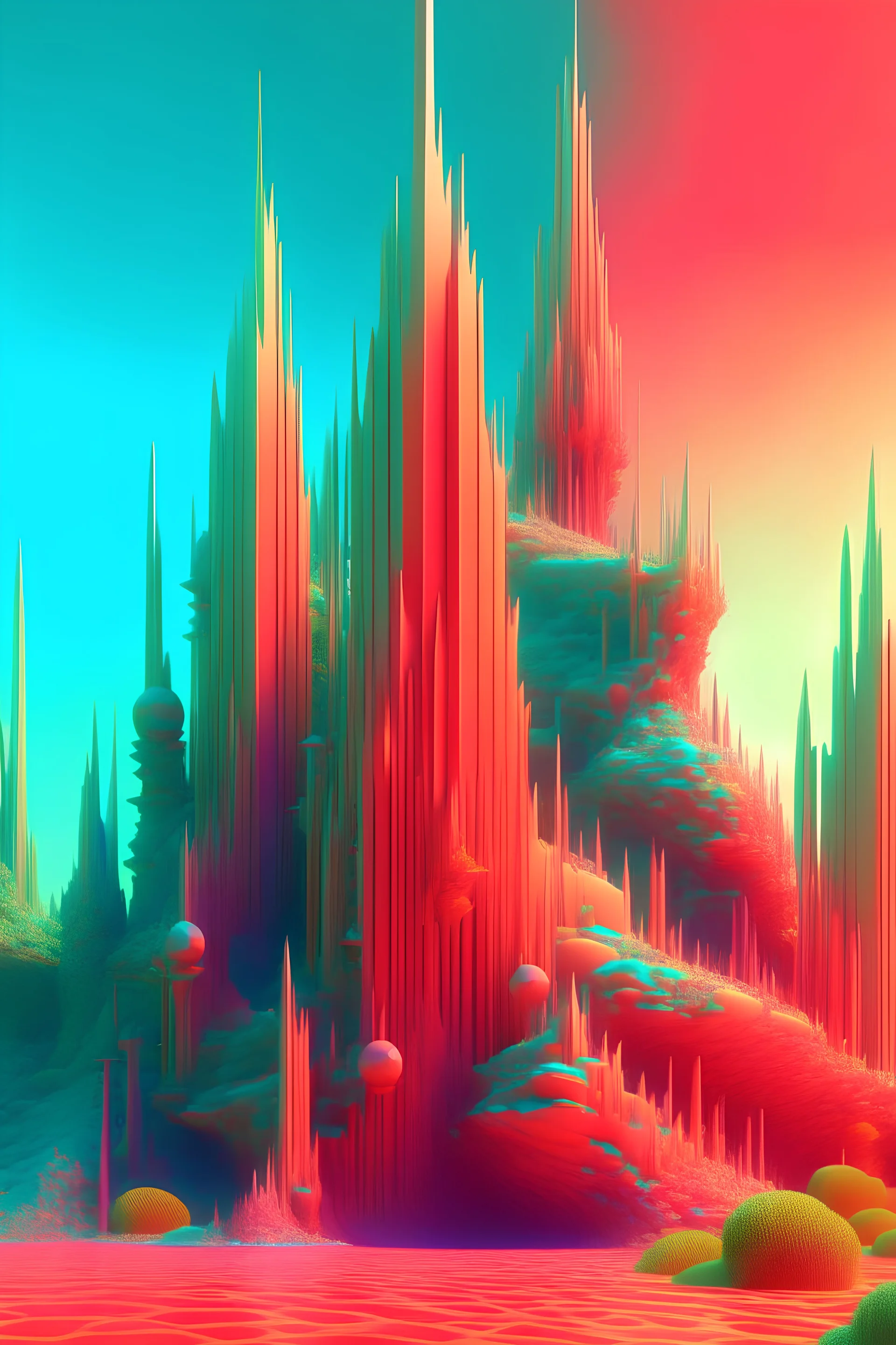 a computer generated image of a futuristic building, digital art, inspired by Benoit B. Mandelbrot, zbrush central contest winner, colorful coral, asymmetrical spires, worms intricated, abstract scene design, organic ceramic fractal forms, with gradients, abstract illustration, alien forestpipes, acrylic art, perfect maximalistic composition by Android Jones, Beeple, Winkelmann, masterpiece, hyper-detailed, dan mumford, Albert Bierstadt, octane render, a masterpiece
