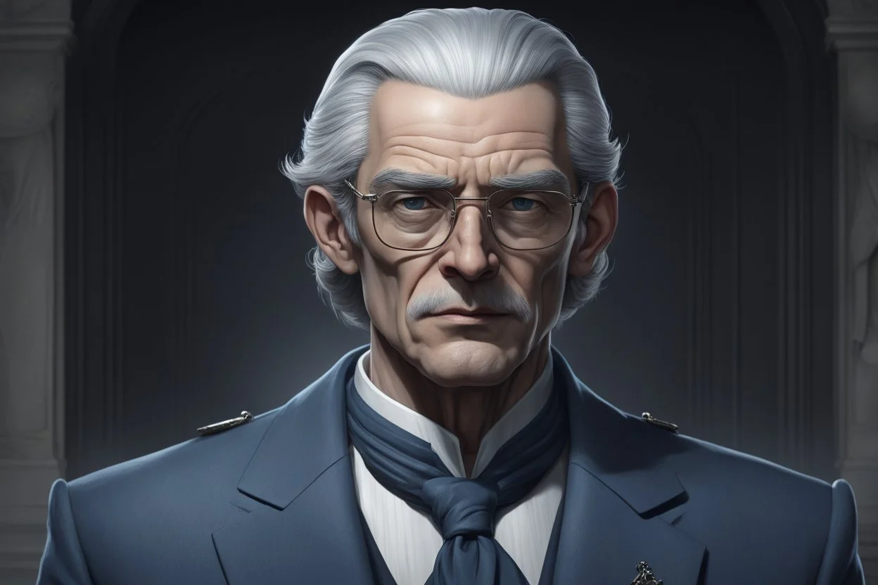 Высокий, сухопарый мужчина лет 50-ти с жёсткими чертами лица, словно высеченными из камня. Седые волосы, зачёсанные назад, и холодные серые глаза, которые кажутся пронзительными, как лезвие. Носит строгие трёхсоставные костюмы (часто тёмно-синие или чёрные) и очки в тонкой металлической оправе. На шее – цепочка с печаткой