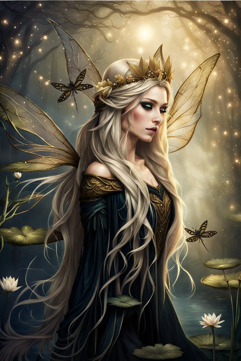 Blonde gold hair , dark gold ,dark Fairy wings,long hair,water lilies,dark fairy princess,nymph,elven crown,dragonflies,tiara,,gothic,glitter,rapunzel hair, very long hair, sparkle,night,