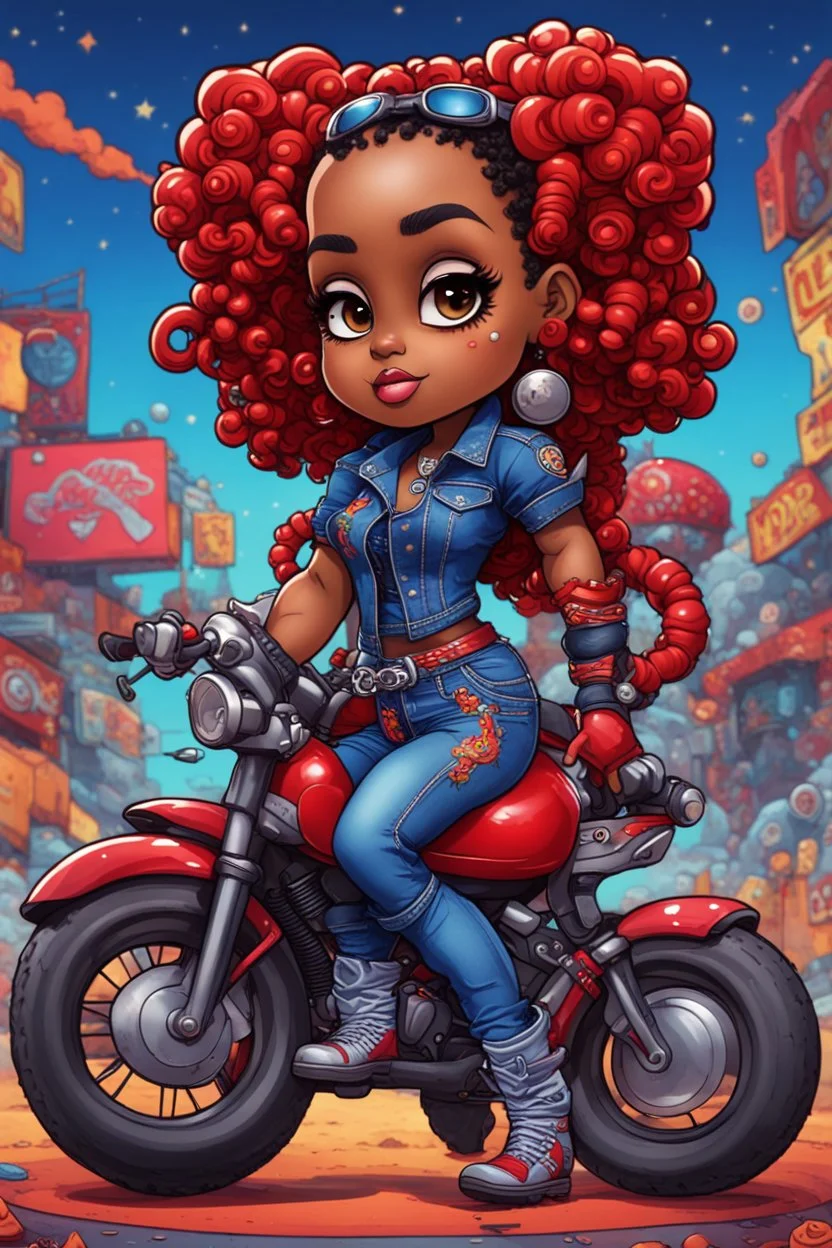 create a psychedelic style art illustration of the chibi cartoon character, a voluptuous black female in a blue jean outfit with biker boots. Her prominent makeup and hazel eyes, along with her detailed red bantu knots, are featured in this image, set against the background of a lively bike show.