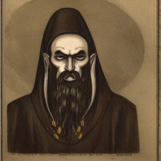 Vampire with yellow eyes and two eyes on forehead tentacle beard grey skin and vampire fangs and vampire bat nose and bat ears as a Russian Orthodox