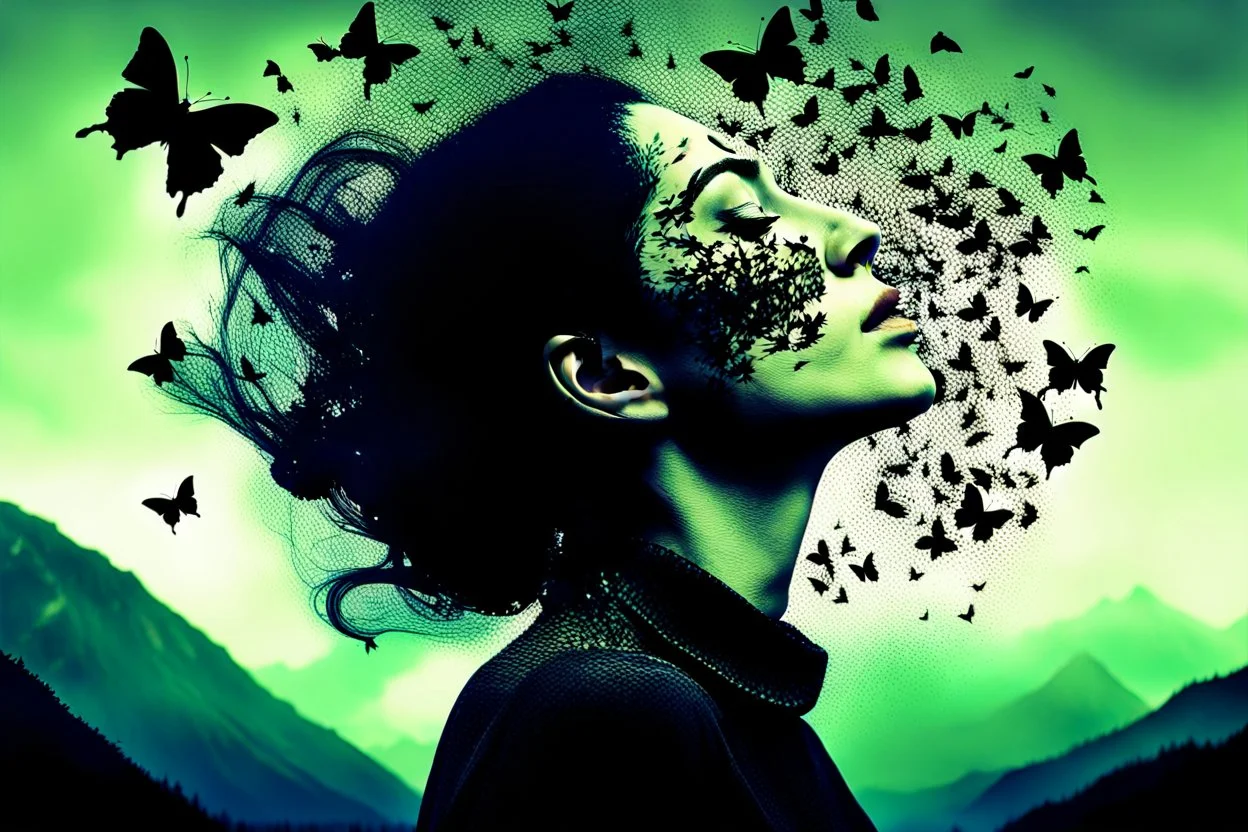 Double exposure image, facing the camera close up a closed eyes fade face woman portrait with shattered, cracked head out many black butterflies explosed in front of forehead and flying around and swirl, high mountains silouttes, pale moon, deep fade colors, soft lines, melting colors and shapes, surreal mood, nightmare, melting painted, dramatic shadows, dark mood , fog, dark fantasy, dreamlike atmosphere, crepy stunning.