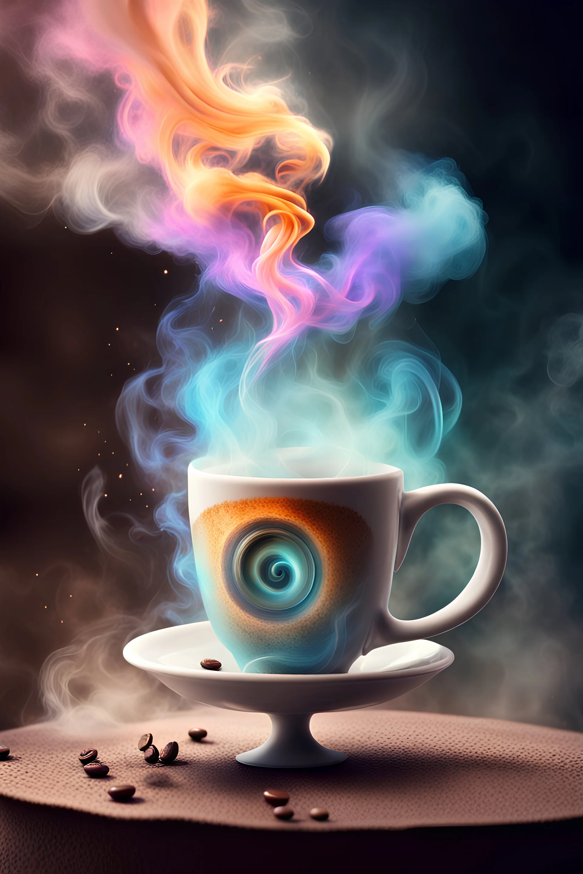 magic coffee cup that is a portal to another dimension with lots of colours smoke and dust girl effects, reality, Raw, by addie digi