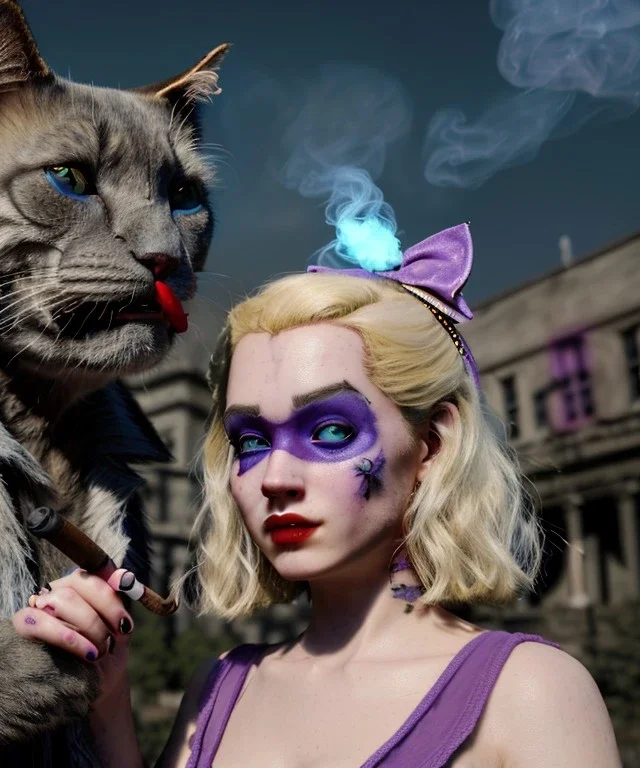 Ultra realistic afternoon photo, happy smoker couple, blonde Alice woman and purple cat smoking a pipe, circus blue dress style, black headband with bow, old school body tattoo, smoke, marihuana garden, glow eyes, perfect iris, soft color, highly detailed, unreal engine 5, ray tracing, RTX, lumen lighting, ultra detail, volumetric lighting, high definition.