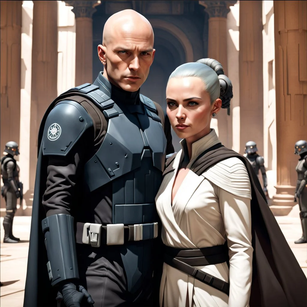 a bold and heroic bald male Corellian pilot in black and grey First Order special forces gear meets a female Jedi Master in ancient, mystical temple, hyperdetailed, dynamic lighting, hyperdetailed background, 8k resolution, volumetric lighting, light skin, fully symmetric details