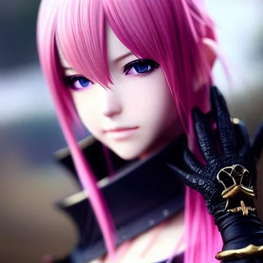 Detailed girl, woman, pink hair, pink colored eyes, yorha 2b hairstyle, au'ra (final fantasy), scaled horns coming out the side of the head, intricate details, full body portrait, keep head in frame, slight smile, black Japanese motif, concept art, highly detailed, digital painting, concept art, A very cute girl full body,wearing a short skirt, au'ra scales