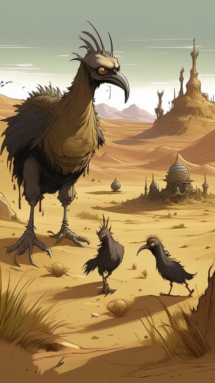 a big and wild ostrich and wolfs in the forgotten desert in medieval times, in anime style Bosch nightmares