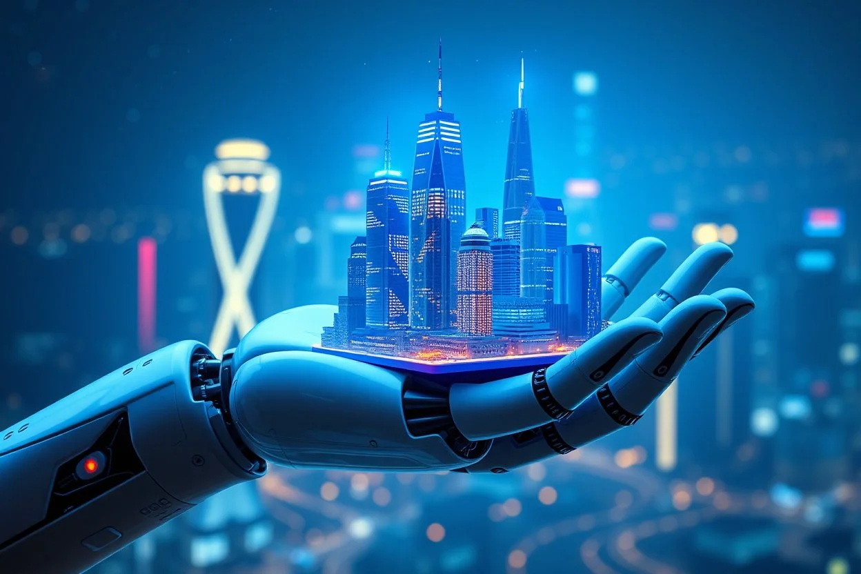 a modern city in a robotic hand blue sifi