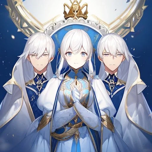 Twins, boy and girl, white hair, silver eyes, royal hall background