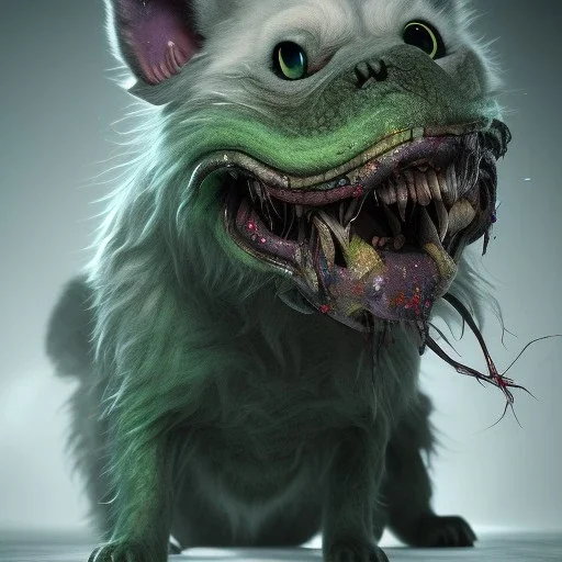 Dog, monster, green, horror, teeth, gore, blood, masterpiece, expert, 8K, hyperrealism, sharp focus, cinematic lighting