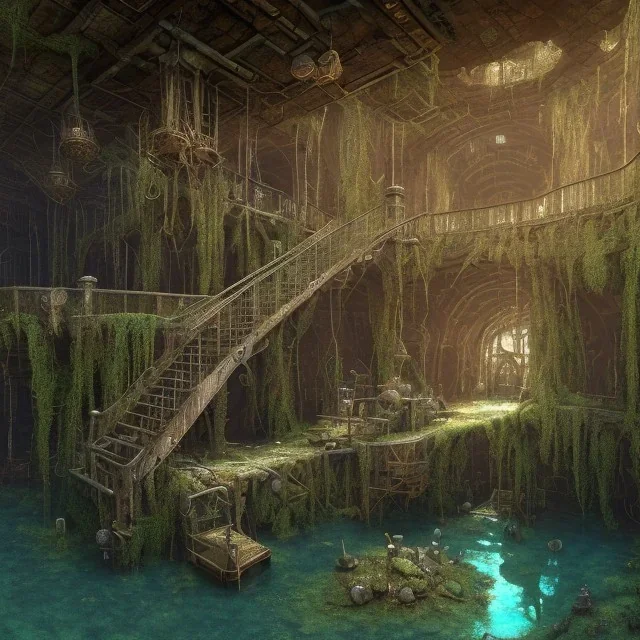 abondoned mine shaft with metal staircase against wall descending into murky brackish water, cavernous mine shaft, flooded, 8k resolution, 3D octane render, intricate, sharp, crisp, ultraHD, digital art, detailed matte, volumetric lighting George Grie, Anne Dittman, Anne Stokes, Lisa Parker, Selina French, brian froud, howard lyon,