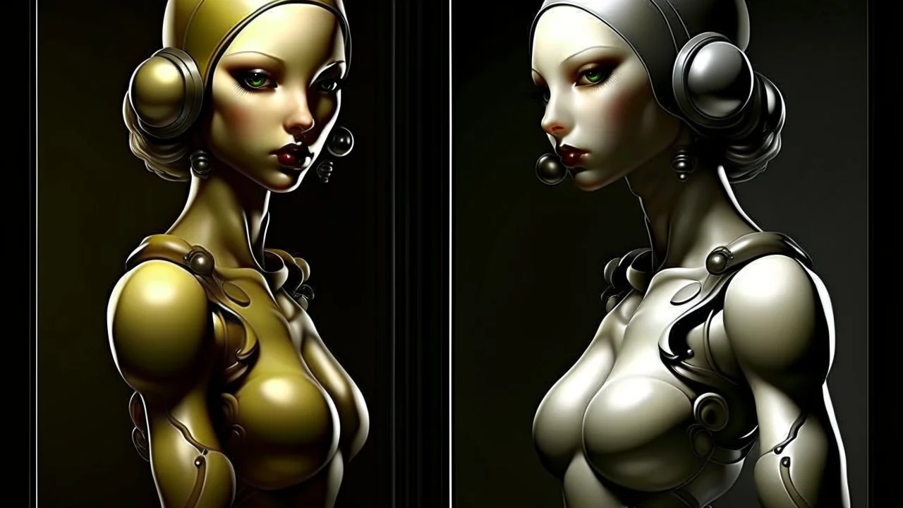 Surrealism.. Create an image featuring two humanoid robots holding hands. One robot should have a shiny light gray finish, while the other should have an opaque dark gray appearance. Both robots have their heads slightly tilted downwards, giving a mechanical and somewhat contemplative look. The setting is minimalistic, focusing on the contrast between the robots' finishes and their human-like connection. Contemporary art.