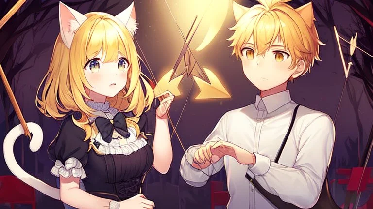 Girl, yellow hair, cat ears, cat tail, bow and arrow in hand, dark forest, boy, boy has bunny ears