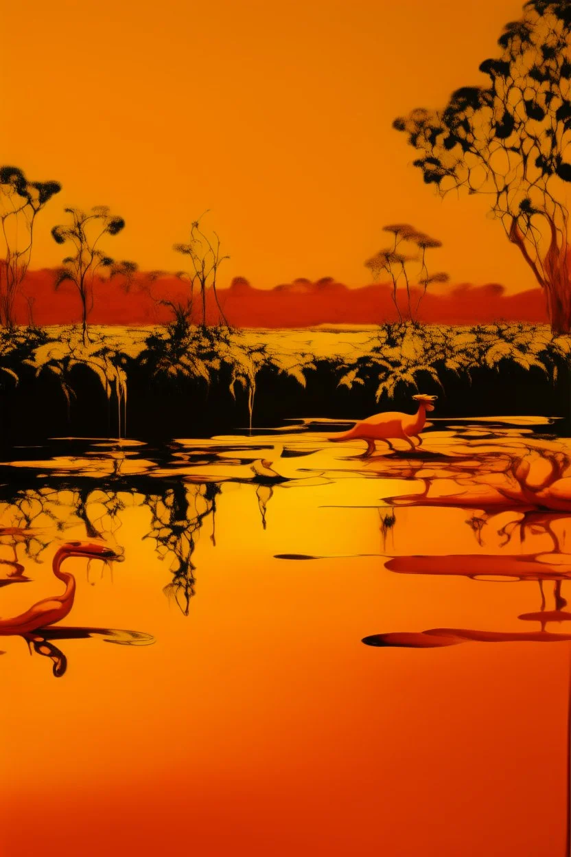 A yellowish orange colored swamp with amphibians painted by Andy Warhol