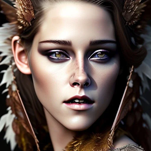 woolitize, Kristen Stewart, rusty metal, feathers, Dryad, fae, sidhe, ominous, nature, plants, wildflower, facepaint, dnd character portrait, intricate, oil on canvas, masterpiece, expert, insanely detailed, 4k resolution, retroanime style, cute big circular reflective eyes, Pixar render, unreal engine cinematic smooth, intricate detail , soft smooth lighting, soft pastel colors