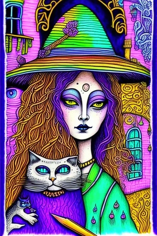 Friendly witch, playing with cats, perfect iris, ink and pencil, pastel colours, style Hundertwasser