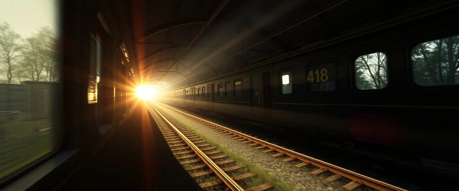 get aboard the rabbit train in the style of Rembrandt and Fallout 4, with motion blur and volume fog and sun rays and lense flare