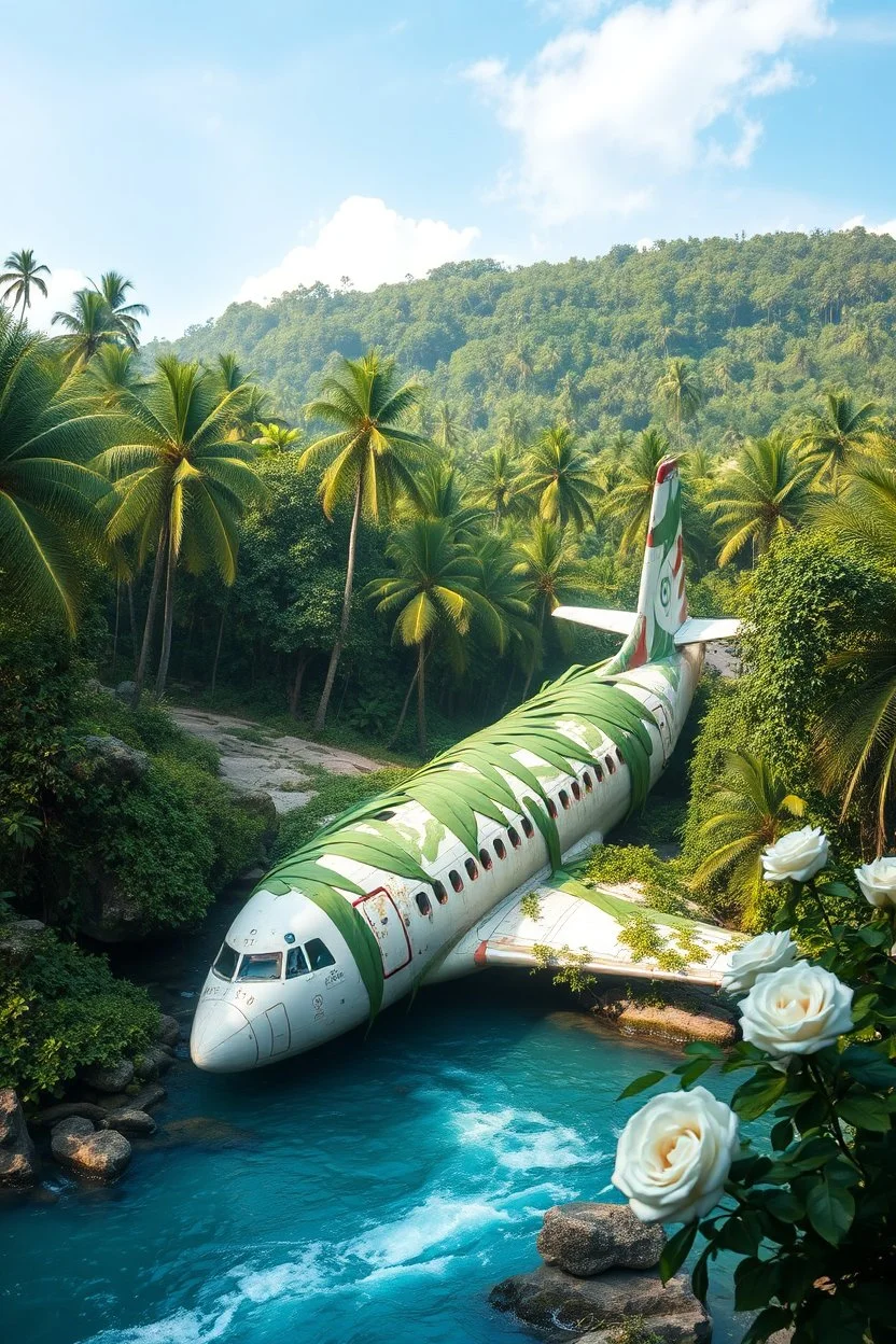 An airplane crashed covers a green leaves among relict trees, tropical forest in some places covered with ivy, beautiful white roses, around blue beautiful river fantasy, photo