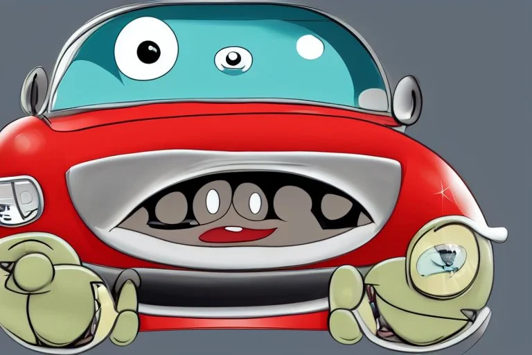 whimsical cartoon car with big eyes and its front grill forming a friendly smile, with a mouse character riding on it.