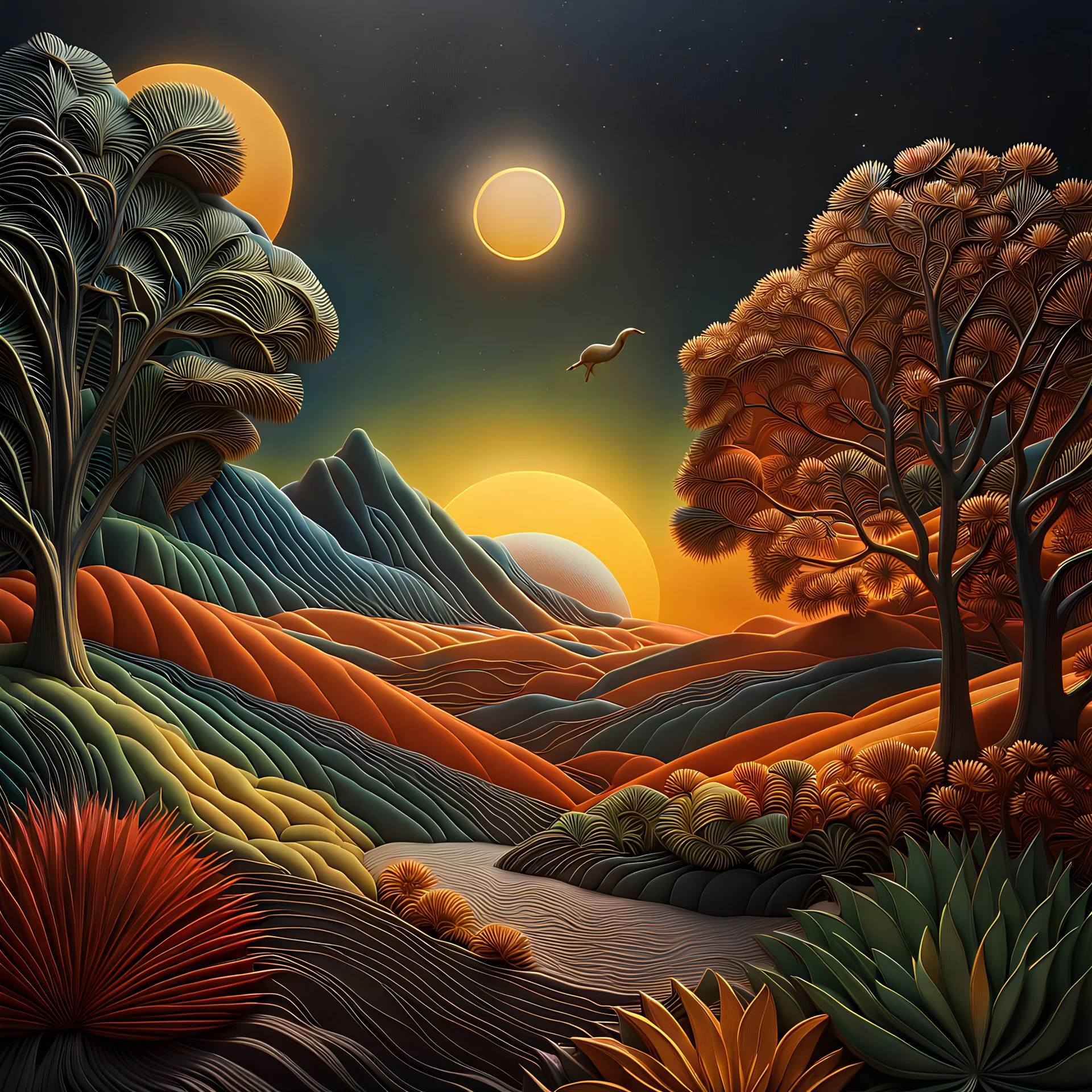 An incredibly peaceful detailed landscape, Max Ernst, Henri Rousseau, Haji Widayat, one-line drawing, primordial nature, sun, strong texture, extreme detail, intricate, strong colours, bas-relief, high resolution, volumetric light, 8k, 3d, cinematic, rich moody colors, sparkles, decal, octane render, 55mm photography, 8k, sharp focus, volumetric light, ZBrush