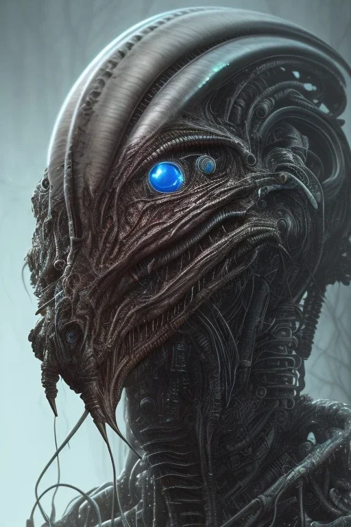 evil predator with crown, alien, brutal face, tron, head, burn eyes, 8k, finely detailed, dark light, photo realistic, hr giger, cyberpunk