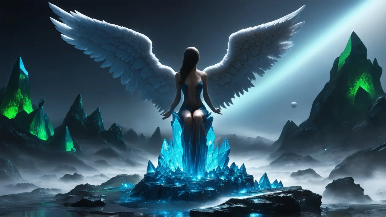 angel with a wings siting on the blue monolith made of blue tiberium crystals of lights, matrix universe, planets on the back grounds, green crystals of tiberium on the life and right