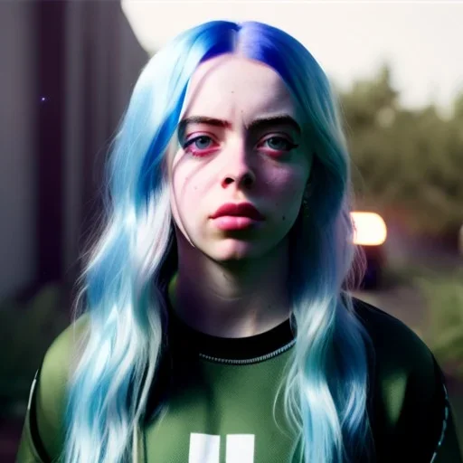 Billie Eilish, full body, on the bed, in my underwear, pale skin, high detail, realistic, 16k, not to be distinguished from a photo, identical pupils