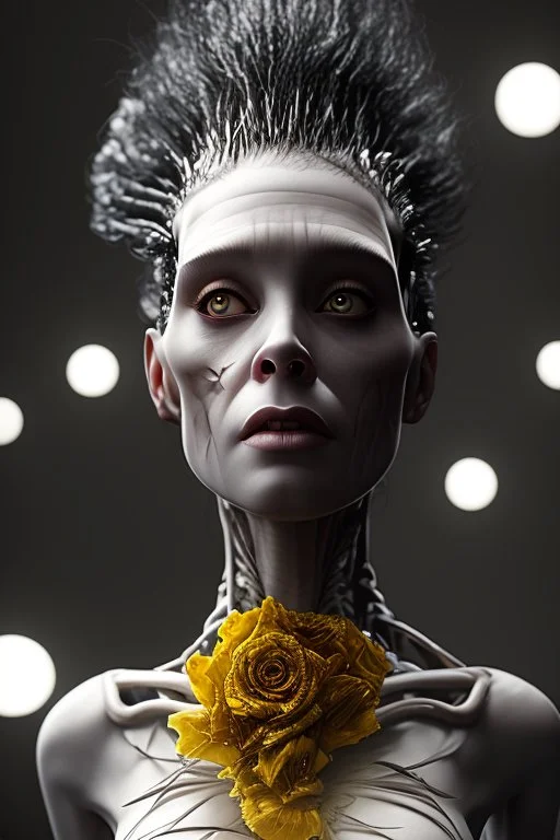 4K Ultra-HD, Hyper realistic, cinematic lighting -- the bride of Frankenstein , short, bowl-cut black hair, dead eyes, Yellow skirt, blue blouse with short poofy sleeves, extremely pail skin, wilted Rose pedals, gloomy, foggy, Castle, Full body image -- 4k, stunning, dramatic lighting, dramatic background, cinematic, atmospheric, very detailed, historic, powerful, octane rendering, exquisite detail, 30 - megapixel, 4k, 85 - mm - lens, sharp - focus, intricately detailed