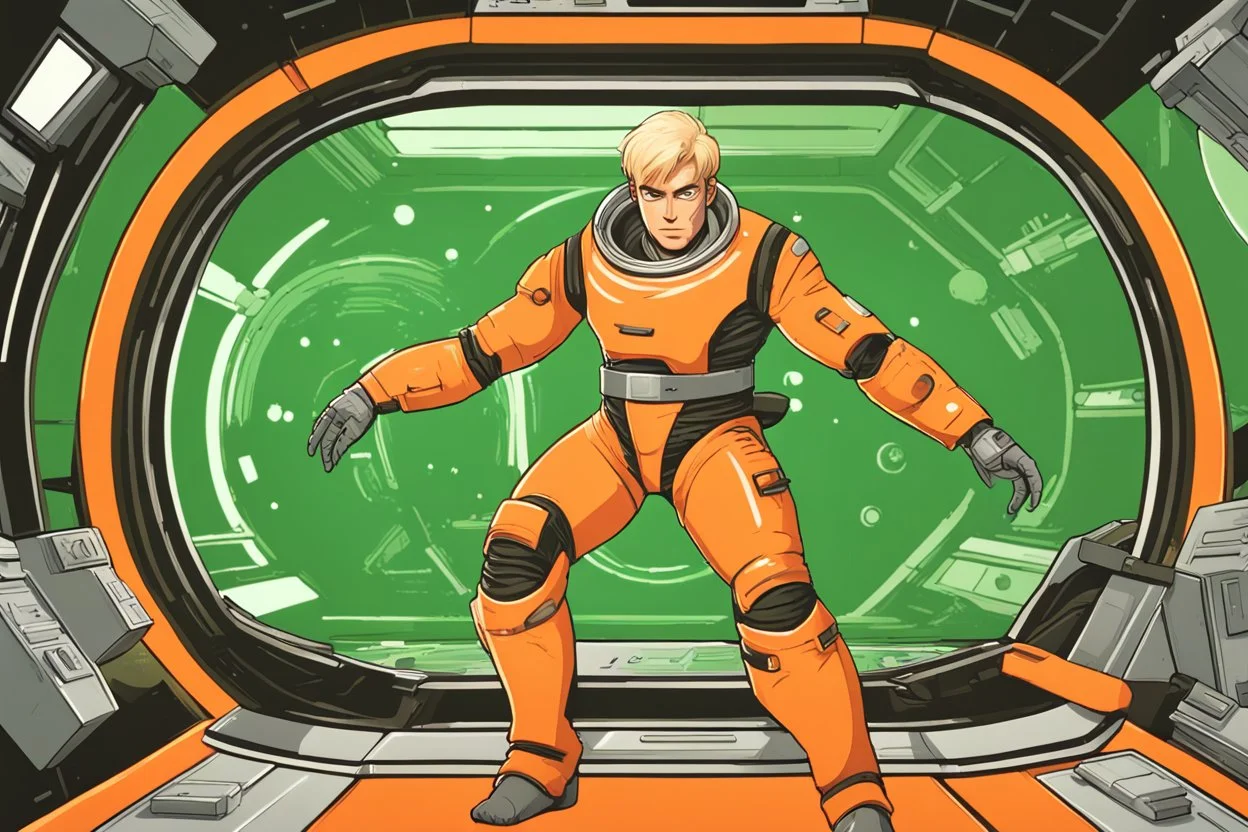 Create a vintage-style sci-fi image featuring a muscular male character with blond hair and a determined expression, dressed in a form-fitting, orange space suit with black belt, standing on a green, disc-shaped spacecraft. In close combat with a large, silver humanoid robot that has visible joint segments, round head, a flat face with two large circular eyes, and a small round mouth. The robot's right hand is raised while its left hand is gripping the protagonist's right forearm. The human char