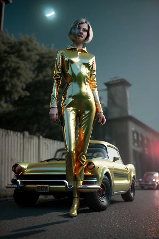 Ultra Realistic retro sci-fi, 1960 year, levitating all cars and a young blonde woman quiet, latex suit, soft color, highly detailed, unreal engine 5, ray tracing, RTX, lumen lighting, ultra detail, volumetric lighting, 3d, finely drawn, high definition, high resolution.